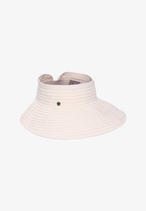 White fabric sun visor with wide, curved brim and a small round black logo on the front, open top design for head comfort.