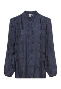 Blusa blu navy con un motivo a onde testurizzato, maniche lunghe, colletto alla mandarino e chiusura frontale con bottoni. Materiale morbido simile alla satin.