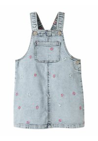 Šviesiai mėlynos spalvos džinsinė suknelė su širdies formos rausvos ir baltos spalvos siuvinėjimu. Turi reguliuojamas petnešėles ir kišenę nugaroje.