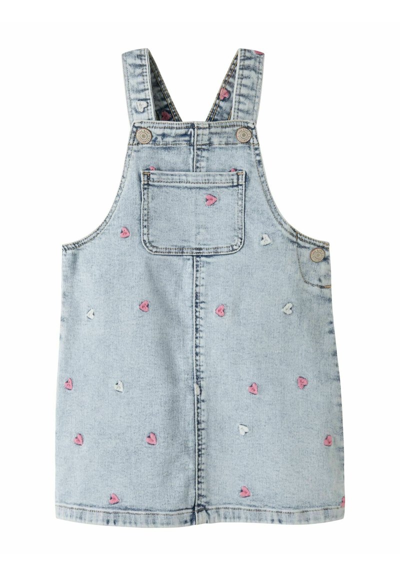 Šviesiai mėlynos spalvos džinsinė suknelė su širdies formos rausvos ir baltos spalvos siuvinėjimu. Turi reguliuojamas petnešėles ir kišenę nugaroje.