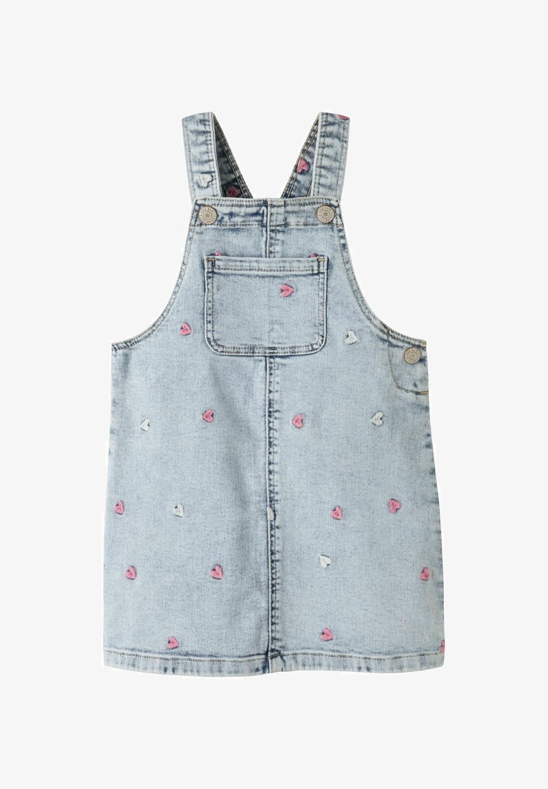 Šviesiai mėlynos spalvos džinsinė suknelė su širdies formos rausvos ir baltos spalvos siuvinėjimu. Turi reguliuojamas petnešėles ir kišenę nugaroje.