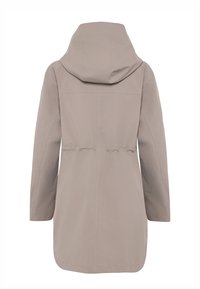 Vaaleanharmaa huppari, jossa pitkät hihat, vyötäröä korostava yksityiskohta ja sileä kangaspinta. Yksinkertainen muotoilu ilman näkyviä metalliosia.