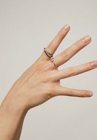 Anillos de plata, con variados diseños y grosores, llevados en los dedos. Entre las características se incluyen bandas texturizadas y un anillo emblema circular y liso.