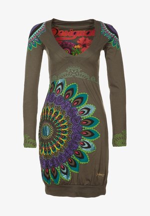 Khaki long-sleeve dress with a deep V-neck, featuring colorful circular patterns and details in green, purple, and metallic accents.