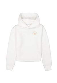 Sudadera corta blanca hecha de tela suave, con un bolsillo tipo canguro en la parte frontal y un sutil gráfico del sol en relieve en color beige.