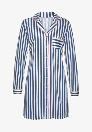 Camisa de noche a rayas azules y blancas con mangas largas, botón en la parte delantera, un bolsillo y ribete rosa alrededor del cuello y del bolsillo.