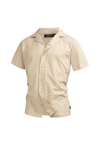 Korte mouwen overhemd in lichtbeige, met een geweven stof met een verticale patroon, klassieke kraag en knoopsluiting.