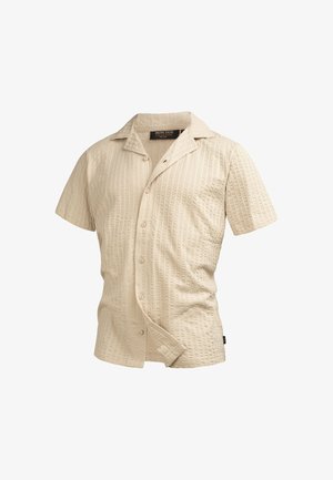 Korte mouwen overhemd in lichtbeige, met een geweven stof met een verticale patroon, klassieke kraag en knoopsluiting.