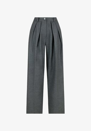 Grijze, wijde pijpen broek van een gestructureerde stof. Voorzien van een paar plooien aan de voorkant en een enkele knoopsluiting bij de taille. Tijdloos ontwerp.