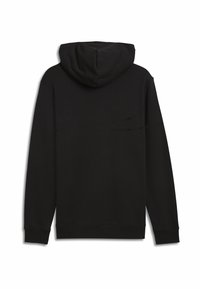 Sweatshirt à capuche noir avec une texture lisse, des manches longues et une poche kangourou. Design simple sans logos ni motifs visibles.