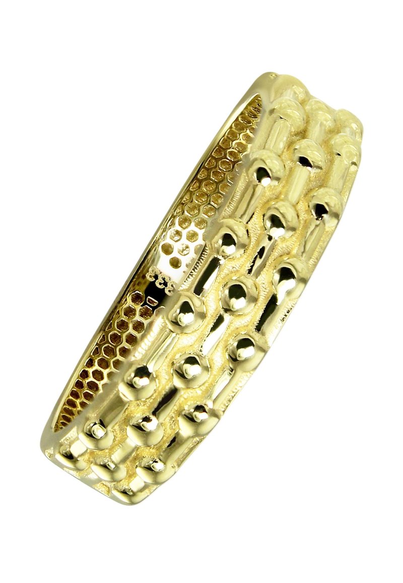 Bracelet jonc en or avec un design texturé présentant des motifs en nid d'abeille et des accents circulaires lisses, mettant en valeur une finition polie.