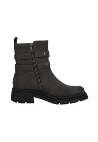 Botines grises con material sintético texturizado, cierre lateral de cremallera, dos correas horizontales y suelas de goma negras.