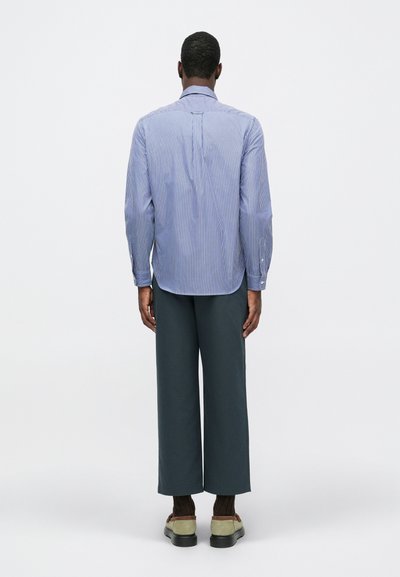 Cămașă bleu rayată cu mâneci lungi, cu mansete butonate și un tiv curbat, asortată cu pantaloni largi de culoare verde închis și pantofi bej.