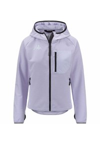 Giacca a vento di colore viola chiaro con un motivo a quadri, tasca frontale con zip nera, e polsini regolabili. Presenta accenti neri lungo le cuciture.