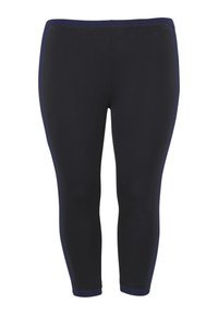 Zwarte legging met een gladde textuur, voorzien van blauwe zijaccenten, een aansluitend ontwerp en een rekbare tailleband voor comfort.