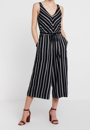 Jumpsuit de rayas en blanco y negro con escote en V profundo, cintura ceñida, piernas anchas y cortas, y bolsillos laterales. Combinado con sandalias de tacón.