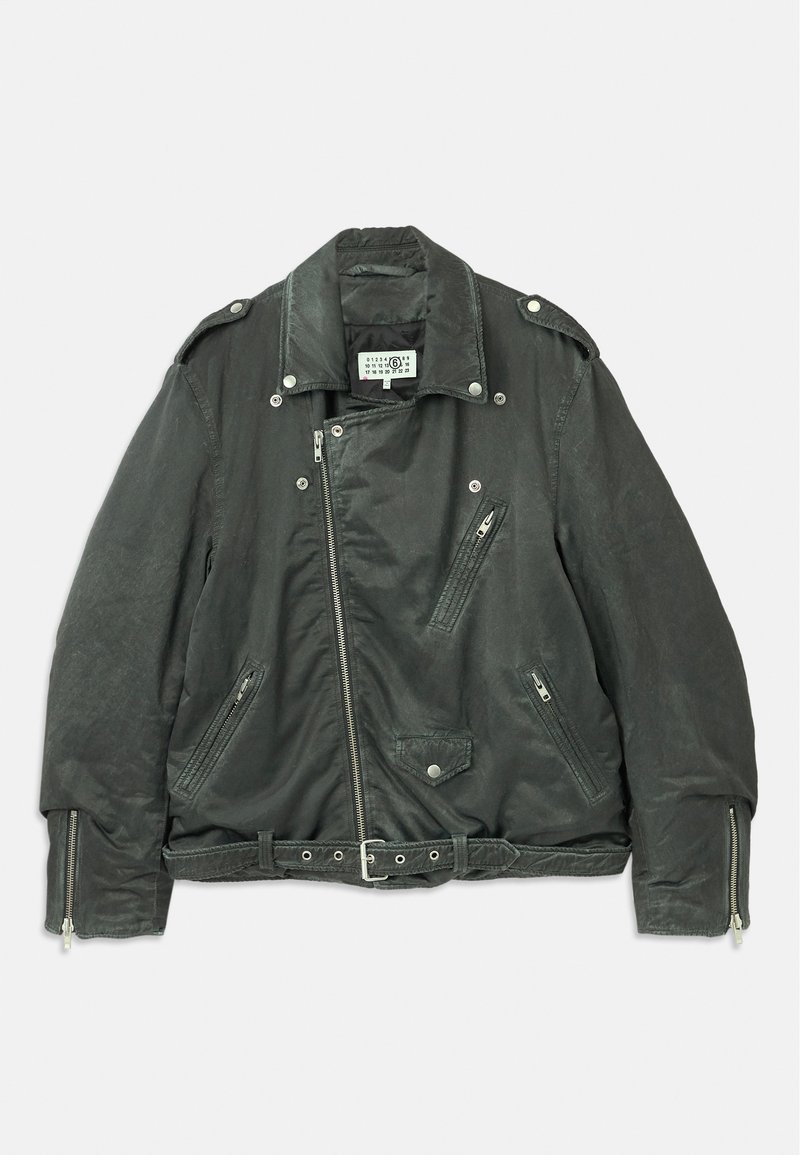 Black, textured leather biker jacket featuring a notched collar, multiple zippered pockets, and a belted waist. Silver hardware accents.