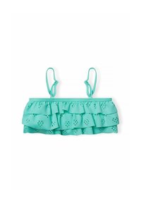 Top peplum in aqua con strati di rouches e design con ritagli. Gli spallacci regolabili e una texture liscia enfatizzano il suo stile giocoso.