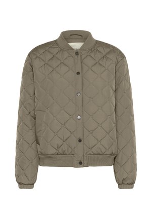 Veste bomber matelassée en vert olive. Dotée d'une fermeture à boutons-pression, de poignets et d'un ourlet côtelés, avec une texture de tissu douce et légèrement brillante.