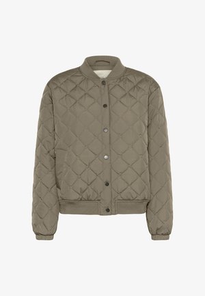 Quilted bomber jacket in olive green. Features a snap button closure, ribbed cuffs and hem, with a soft, slightly shiny fabric texture.