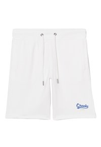 Witte katoenen shorts met trekkoord en zijzakken, met een blauw "Creeks"-logo en zilveren hardware accenten op de trekkoorden.
