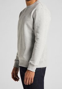 Szary sweatshirt wykonany z miękkiego materiału, z okrągłym dekoltem, ściągaczami przy mankietach oraz małym logo na klatce piersiowej. Stylizowany z ciemnymi dżinsami.