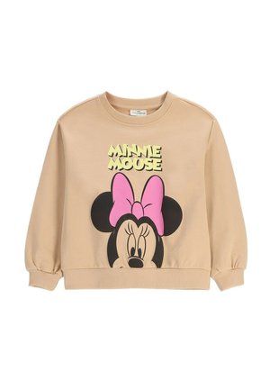 Beżowa bluza z dużą twarzą Minnie Mouse, która ma na sobie różową kokardę, oraz żółty napis "MINNIE MOUSE" nad grafiką.