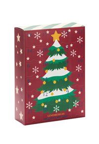 Red cardboard advent calendar featuring a green Christmas tree design, yellow ornaments, white snowflakes, and a gold star on top.