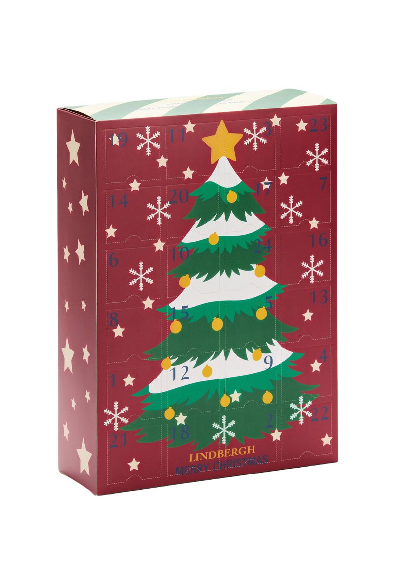 Red cardboard advent calendar featuring a green Christmas tree design, yellow ornaments, white snowflakes, and a gold star on top.