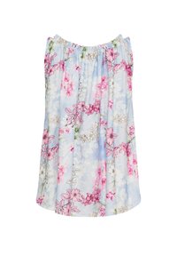 Blomstrede ærmeløse top i lyseblåt stof med pink og hvide blomster. Har en samlet halsudskæring og et afslappet, flydende design.