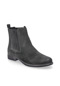 Czarne zamszowe botki za kostkę z elastycznymi panelami bocznymi, okrągłym noskiem i niskim, piętą złożoną. Charakteryzują się gładką teksturą i subtelnymi detalami w szyciu.