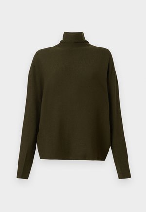 Pull-over en maille vert olive foncé à manches longues, avec un col montant et une coupe décontractée, exposé sur un fond clair uni.