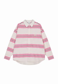 Langærmet skjorte i creme med vandrette lyserøde og grå striber, klassisk krave og buet kant. Lille mærke med logo på brystet.