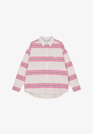 Long-sleeved button-up shirt in cream, featuring horizontal pink and gray stripes, a classic collar, and a curved hem. Small branded tag on chest.