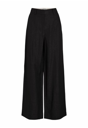 Pantalon noir à taille haute et jambes larges avec passants de ceinture et détails de couture à l'avant, conçu pour une tenue formelle ou décontractée.