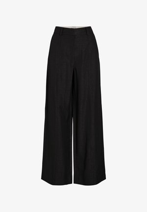 Melnas bikses ar platajiem galiem un augstu jostasvietu, ar jostas cilpām un priekšpuses šuvju detaļām, paredzētas formālai vai ikdienišķai valkāšanai.