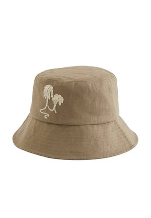 Svetlohnedý bavlnený klobúk typu bucket s širokým okrajom a bielym vyšívaným dizajnom palmy na prednej strane.