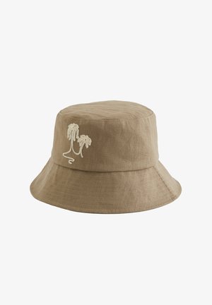 Svetlo rjava bombažna klobuk s širokim roba in belo vezenim motivom palme na sprednji strani.