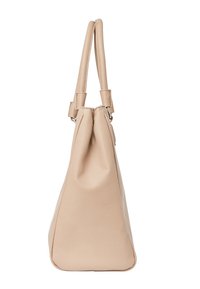 Borsa in pelle beige con due manici, forma strutturata e texture liscia. Chiusura con zip nella parte superiore con dettagli di cucitura sottili.