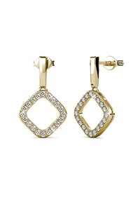 Gouden oorbellen met een vierkante vorm, omringd door een halo van heldere kristallen langs de randen. Gladde oppervlakte met een gepolijste afwerking.