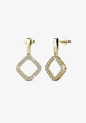 Gouden oorbellen met een vierkante vorm, omringd door een halo van heldere kristallen langs de randen. Gladde oppervlakte met een gepolijste afwerking.