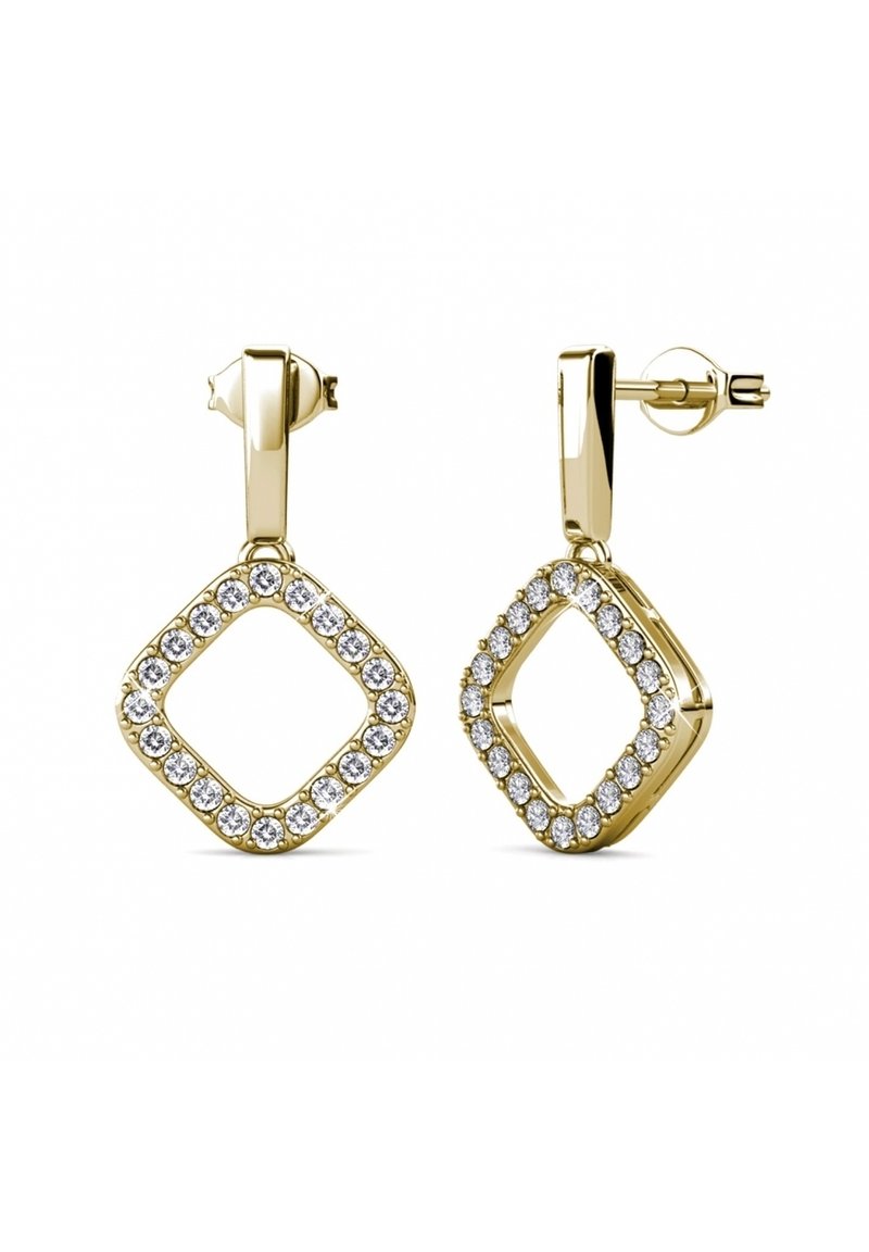 Gouden oorbellen met een vierkante vorm, omringd door een halo van heldere kristallen langs de randen. Gladde oppervlakte met een gepolijste afwerking.