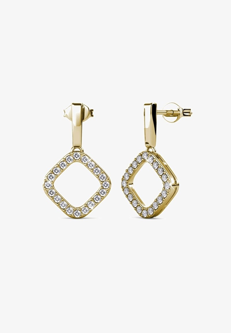 Gouden oorbellen met een vierkante vorm, omringd door een halo van heldere kristallen langs de randen. Gladde oppervlakte met een gepolijste afwerking.