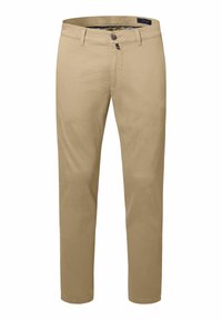 Beige Baumwoll-Chinos mit geradem Schnitt, Knopfverschluss und Fronttaschen. Glatte Textur mit klassischem Design und ohne sichtbare Muster.