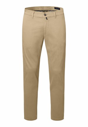 Beige katoenen chino's met een rechte pasvorm, knoopsluiting en voortassen. Gladde textuur met een klassiek ontwerp en zonder zichtbare patronen.