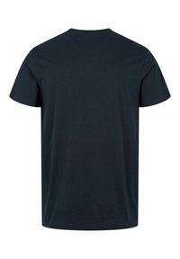 Tamno mornarskoplavi pamučni majica, kratki rukavi, okrugli izrez, glatka tekstura, bez vidljivih logotipa ili uzoraka, standardni kroj, plain stražnji pogled.