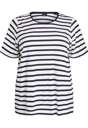 Sort og hvid t-shirt med korte ærmer og horizontale striber, rund halsudskæring, afslappet pasform og blødt stof.