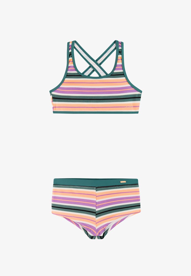 Costume da bagno a due pezzi con top sportivo corto bordato di verde e spalline incrociate, e slip a vita alta coordinati, entrambi con righe orizzontali multicolori.