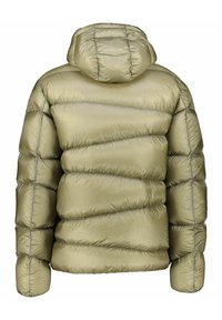 Giubbotto imbottito, verde oliva chiaro, design trapuntato con cuciture diagonali, con cappuccio, texture lucida, polsini elasticizzati, lunghezza cropped e silhouette volumetrica.