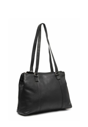 Sac à épaule en cuir noir avec deux longues anses, fermeture éclair et détails subtils de coutures verticales.